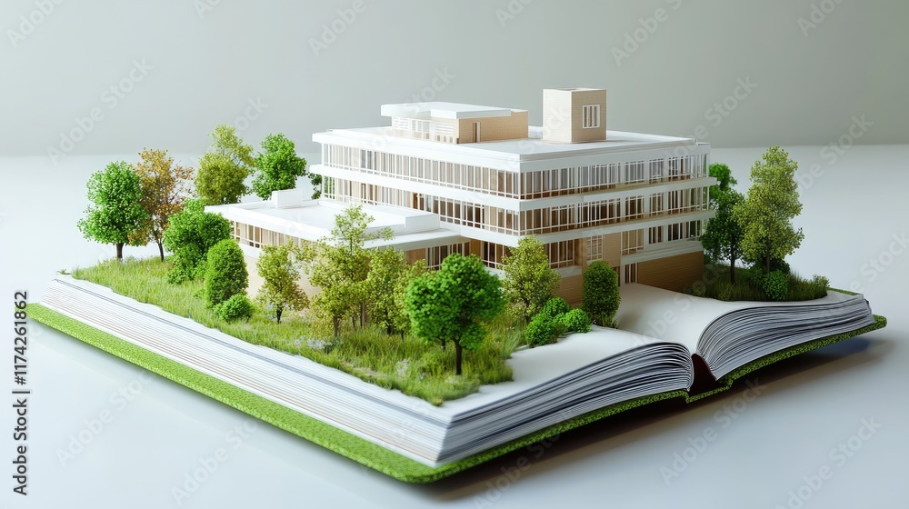 Poster 3d model of a hospital designed on an open book surrounded by lush greenery and architectural elemen
