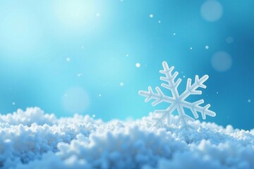 Delicate snowflake gently falls on a light blue background, blue sky, crystal clear