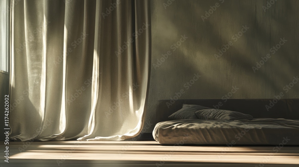 Poster minimalist bedroom design featuring soft natural light filtered through elegant curtains and a simpl