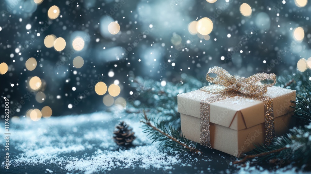 Poster gift box on snowy surface with evergreen tree and bokeh lights creating a festive winter holiday bac