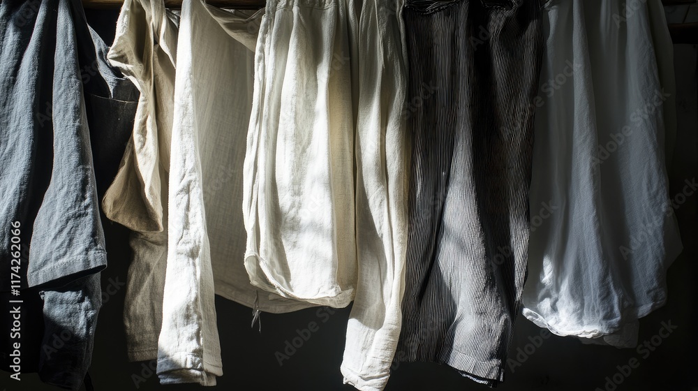 Poster hanging garments in a studio showcasing a variety of textures and colors illuminated by soft light o