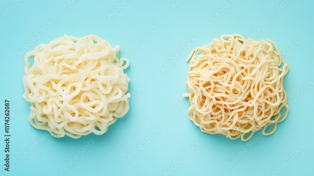 Aufkleber studio shot of two portions of uncooked minute noodles on a vibrant turquoise background showcasing 