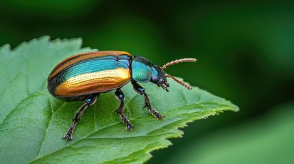 Naklejka premium Vibrant metallic beetle perched on a green leaf showcasing nature's intricate details and colors in macro photography.