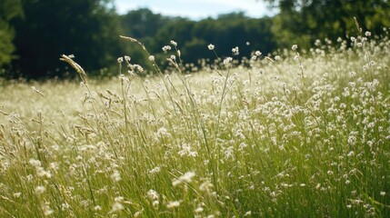 Obraz premium Lush summer meadow adorned with wild wheat grass and delicate white flowers under a bright blue sky
