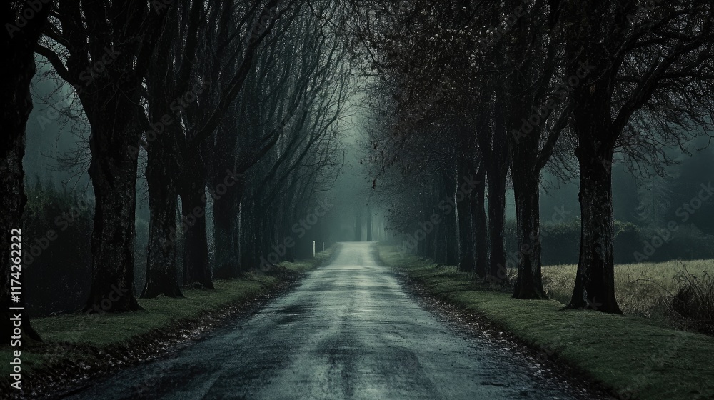 Poster Lined road surrounded by tall trees in a misty and atmospheric setting creating a serene and mysterious landscape scene.