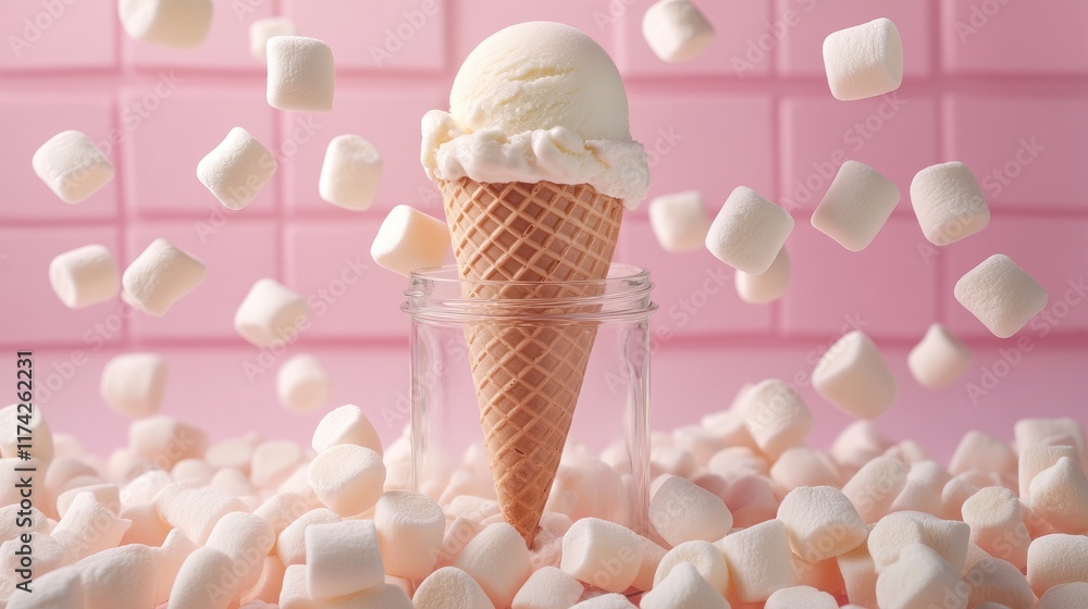 Aufkleber ice cream cone surrounded by mini marshmallows in a jar with a soft pink background