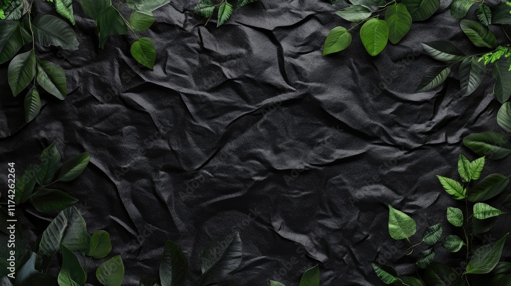 Poster textured black background with subtle wrinkles and lush greenery accents creating a natural and eleg