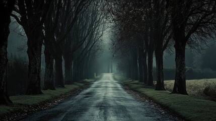 Obraz premium Lined road surrounded by tall trees in a misty and atmospheric setting creating a serene and mysterious landscape scene.