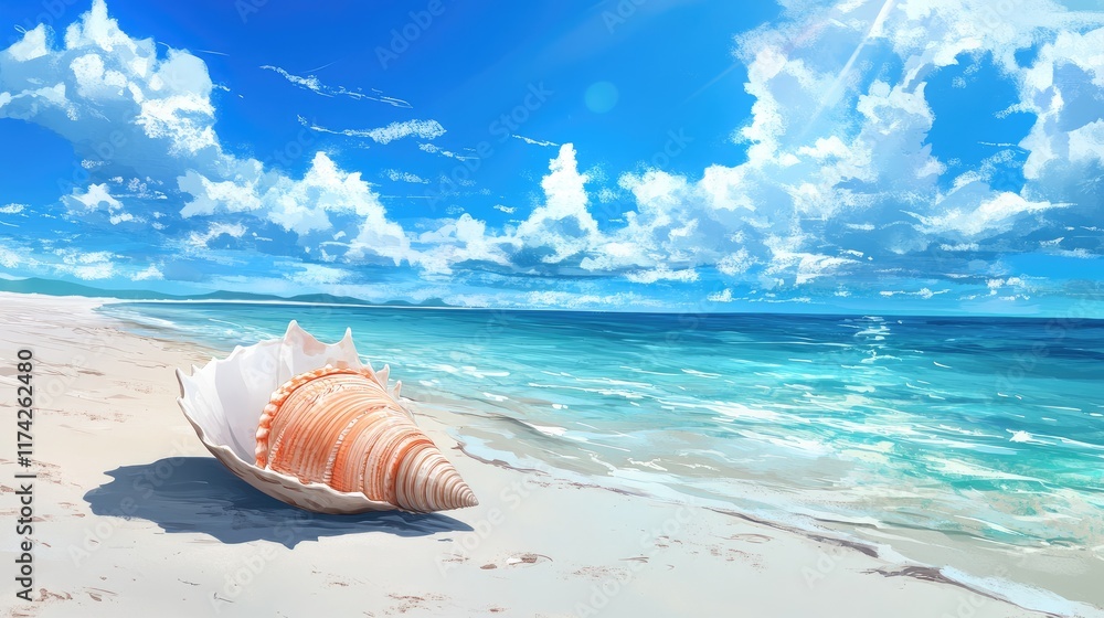 Poster serene abstract conch shell resting on sandy beach with vibrant blue sea and cloudy sky in backgroun