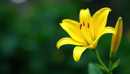 Obraz premium Large bright yellow lily bloom with prominent bud on mature green stalks, vegetation, plant, leafy
