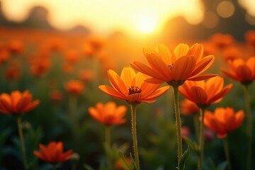 Orange flowers glowing softly in the fading light, evening, nature