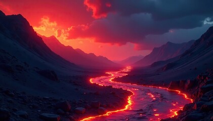 Naklejka premium Red hot lava flows across the night sky like liquid fire, intense, fiery, glowing