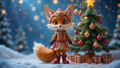 Obraz premium Adorable Cartoon Fox in Regal Christmas Outfit Celebrates Winter Holiday Near Decorated Tree and Gifts; Magical Festive Cheer, 3D Render