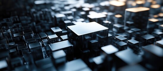 Obraz premium 3D Abstract Metallic Technology Background with Cubes and Copyspace for Text in Digital Signage and Graphic Design Solutions