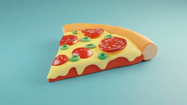 3D rendered cartoon pizza slice with colorful toppings on a solid background for food and restaurant graphics