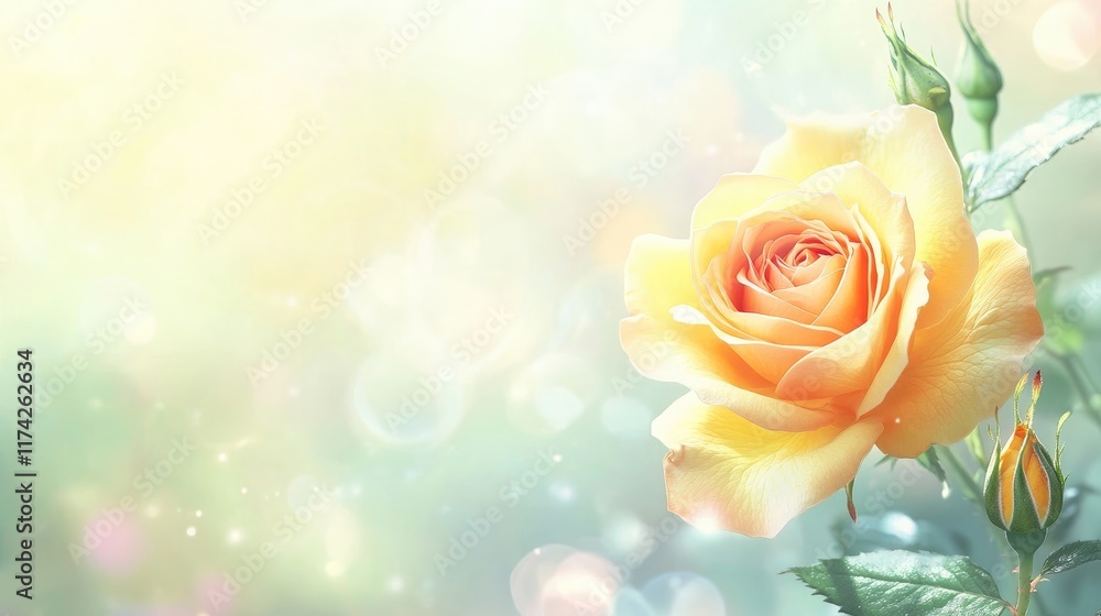 Poster elegant yellow rose against a soft blurred garden background with ample copy space for text or desig
