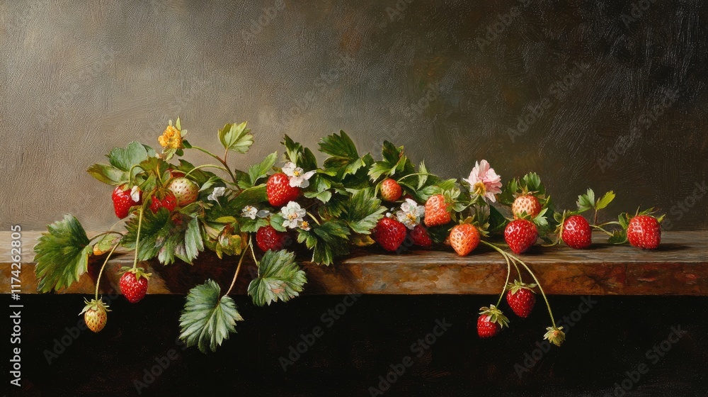 Poster vibrant strawberry vine cascading over a rustic wooden table in a soft, natural light setting perfec