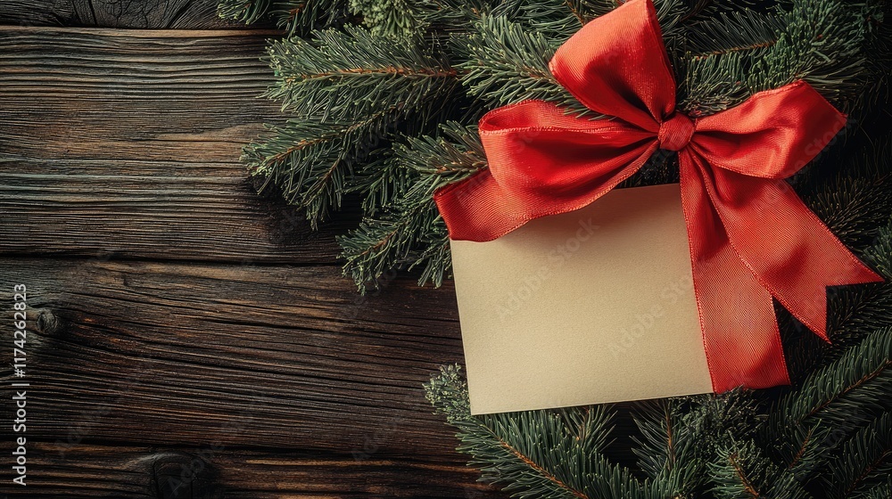 Aufkleber Red bow on green tree branch with a blank note on rustic wooden table conveying a festive and hopeful holiday spirit