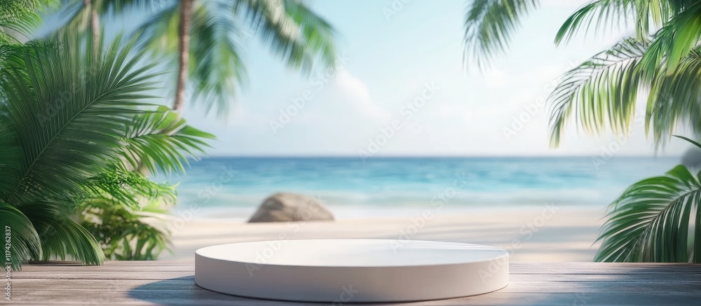 Aufkleber 3d display podium for products set against tropical beach backdrop with empty space for text adverti