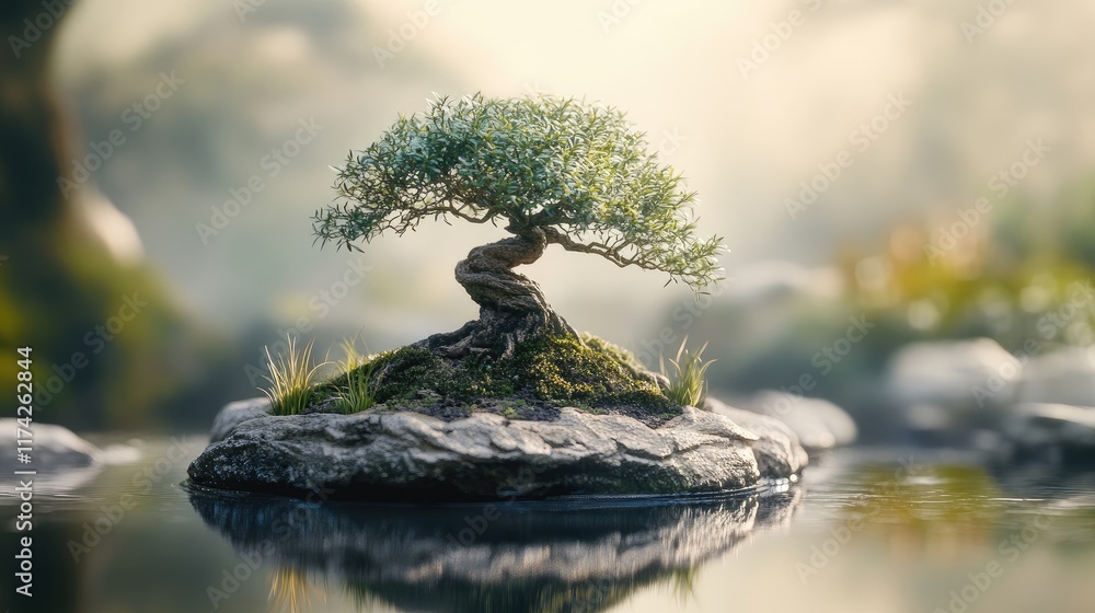Poster bonsai tree artfully displayed on a rock in tranquil waters creating a serene and peaceful natural l