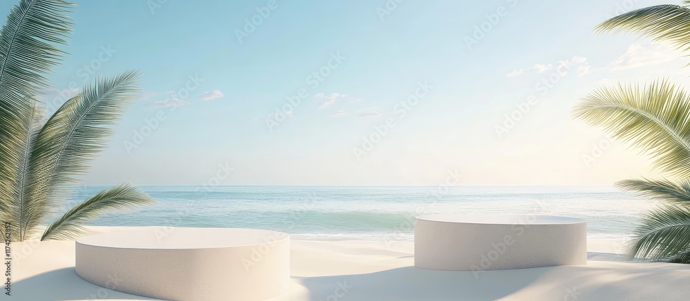 Poster 3d podium elements on sandy beach with serene ocean background and ample space for customizable text