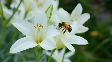 Obraz premium Bee pollinating white flower in a lush garden environment showcasing the important role of bees in nature and ecosystem sustainability