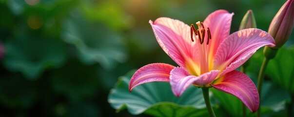 Fototapeta premium Fresh dew glistens on the petals of a lily in bloom, nature, calmness, glisten