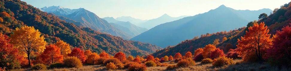 Bushes and trees with changing autumn colors in mountains, autumn leaves, shadow