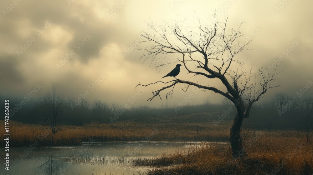 Aufkleber bird perched on a barren tree near a serene pond with foggy landscape and soft light creating a tran