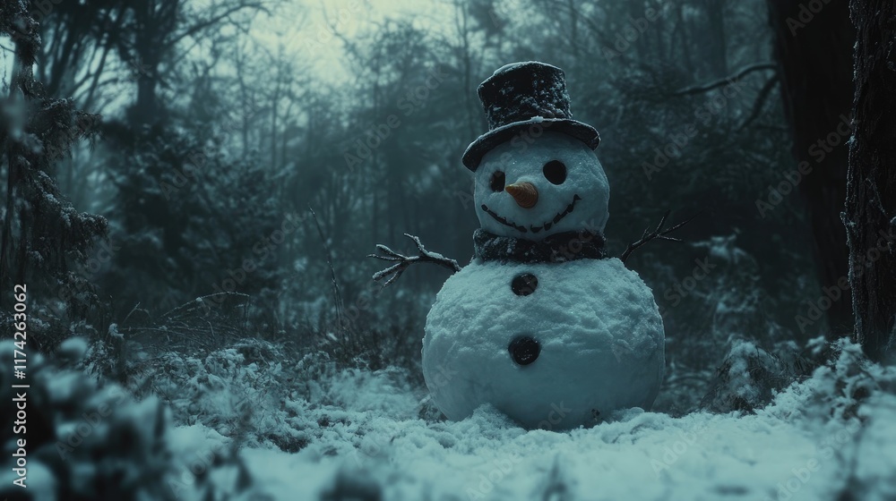 Poster Unique snowman in a mysterious winter forest setting with a whimsical expression and deep woods atmosphere