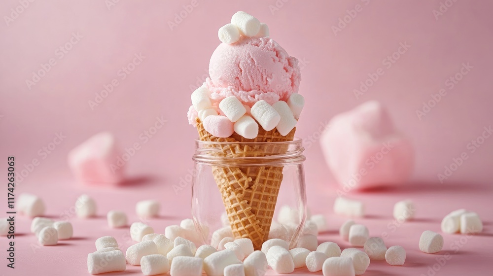 Poster ice cream cone with pink scoop surrounded by mini marshmallows in a jar on a pink background