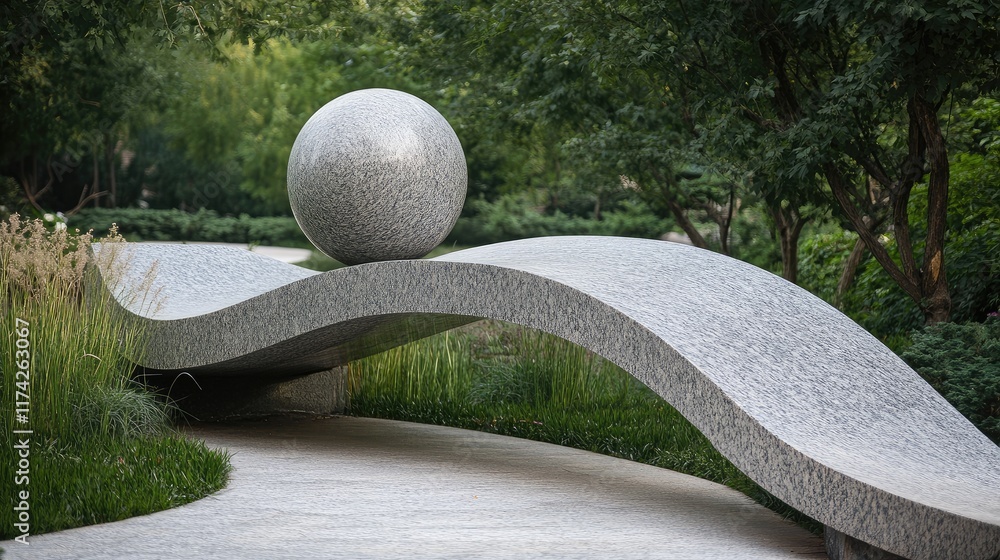 Poster granite ball sculpture on a flowing stone structure surrounded by greenery in a serene outdoor setti