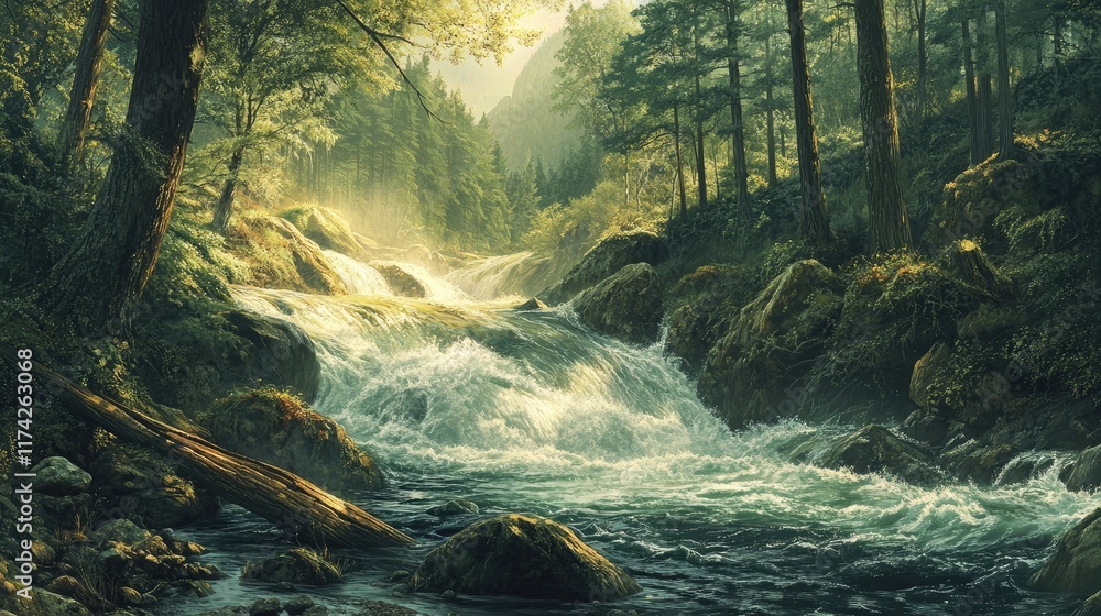 Poster Serene mountain stream surrounded by lush summer forest with large stones and fallen trees illuminated by soft sunlight