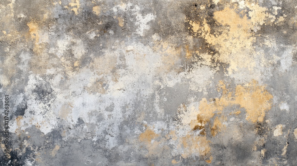Poster textured concrete wall with distressed finishes in shades of gray and gold for use as a background o