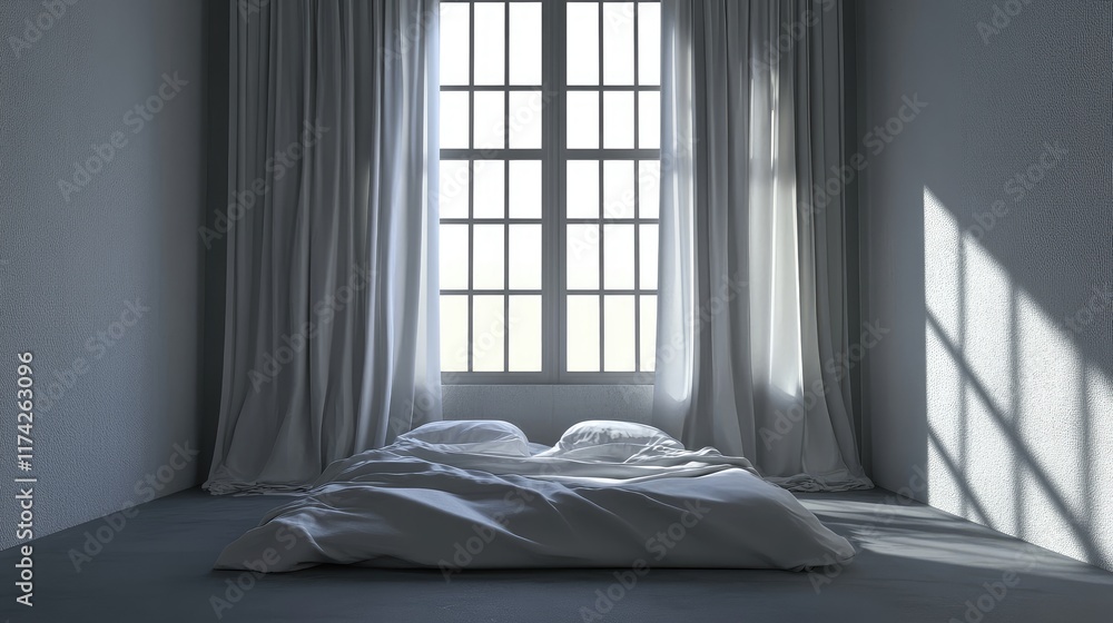 Leinwandbilder minimalist bedroom with large curtained window and soft natural light creating a serene and calming 