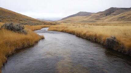 Serene stream winding through golden grasses and rolling hills under a cloudy sky in a tranquil rural landscape