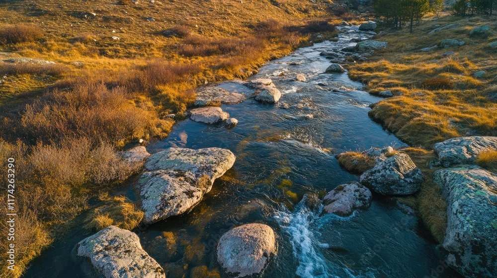 Aufkleber serene aerial view of a stream winding through large stones and dry vegetation illuminated by warm e