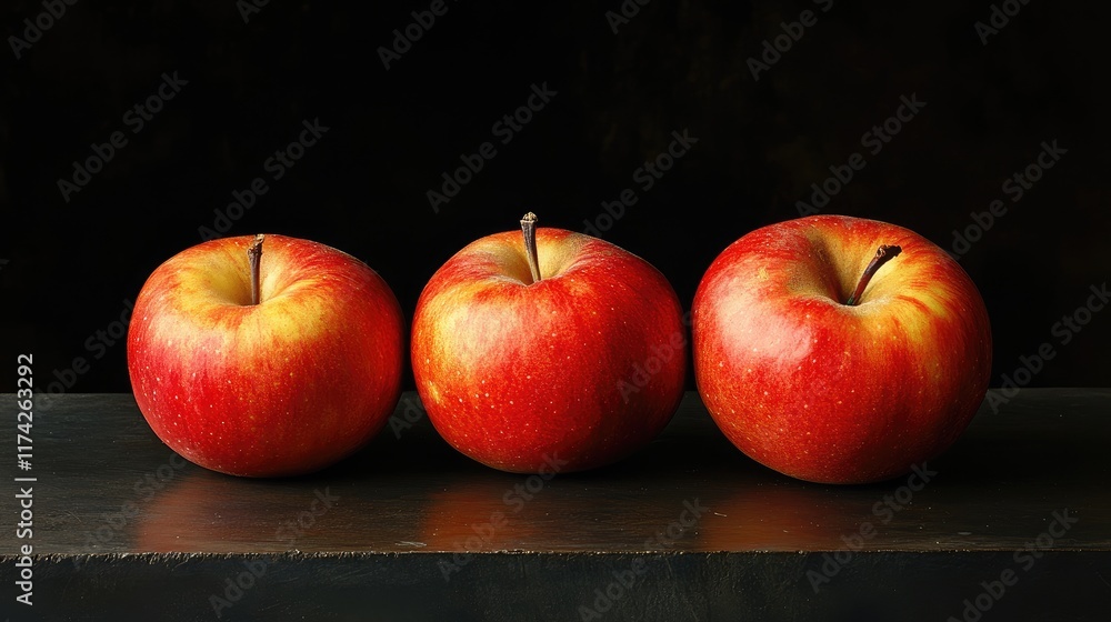 Poster Three fresh red apples arranged on a dark surface creating a striking visual contrast highlighting their natural beauty.