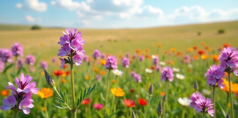 Obraz premium Wild sage matricaria swaying in a spring breeze amidst a sea of colorful wildflowers, windy fields, spring blooming steppe, wildsage