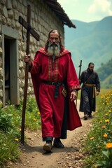 Un Nazareno llevando una cruz de madera en un valle, hermandad, devoci?n, religioso