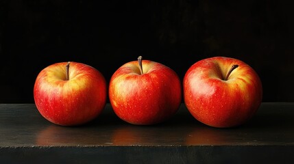 Three fresh red apples arranged on a dark surface creating a striking visual contrast highlighting their natural beauty.