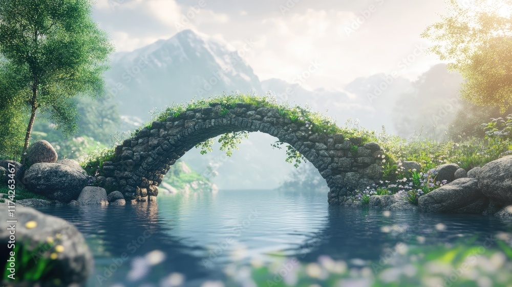 Poster scenic view of an ancient stone bridge arching over a tranquil river surrounded by lush greenery and