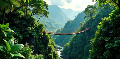 Suspension bridge crossing narrow valley in tropical rainforest, valley, nature