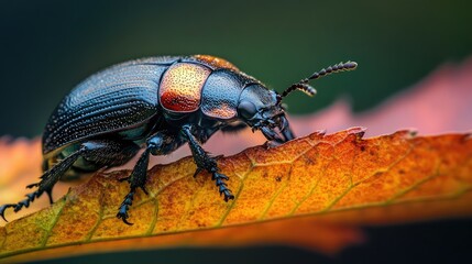 Fototapeta premium Close-up of a vibrant beetle perched on a weathered leaf showcasing intricate details and textures in nature's habitat