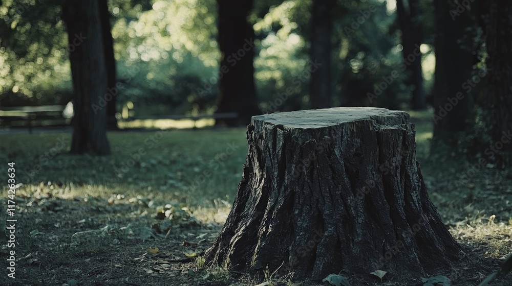 Poster tree stump in a serene park surrounded by lush greenery under soft sunlight creating a peaceful natu
