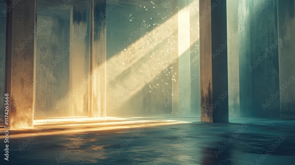 Poster Ethereal concrete space illuminated by light rays creating a serene and atmospheric ambiance for artistic or architectural concepts
