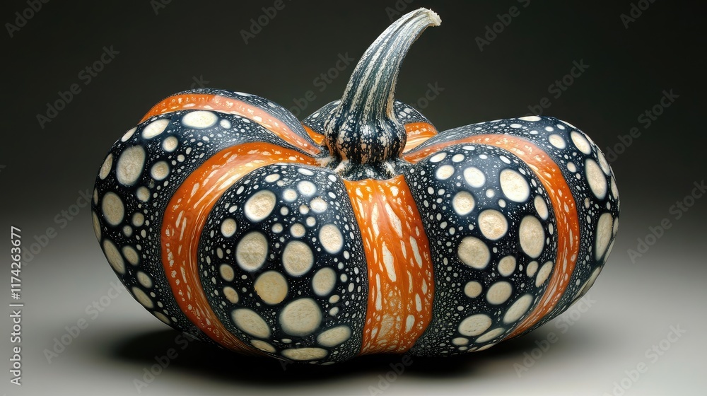 Poster Unique patterned squash displaying vibrant colors and intricate textures against a dark background for culinary and decorative use.