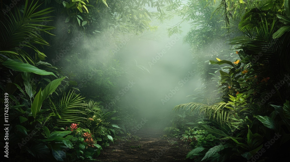 Poster lush tropical jungle background with dense foliage and mist creating an atmospheric natural scene fo