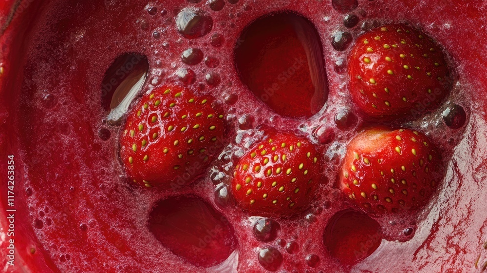 Poster delicious strawberry smoothie bowl topped with fresh strawberries and bubbles viewed from above for 