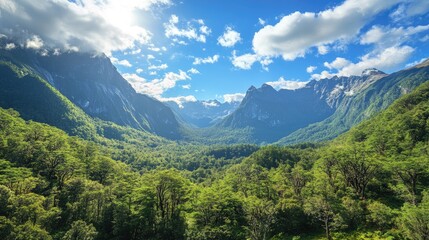 Fototapeta premium Majestic mountain landscape with lush forests under a vibrant blue sky and clouds showcasing nature's beauty and tranquility.